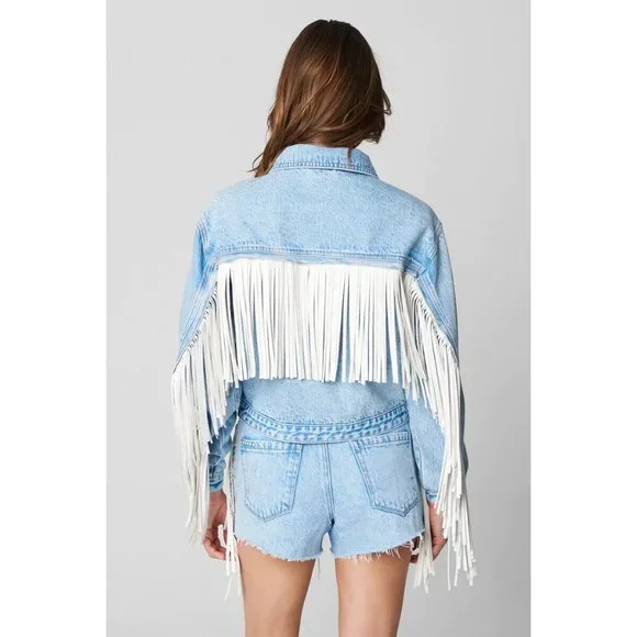 BlankNYC Jacket Nice Try Blue Denim White Fringe Button - Picture 4 of 14